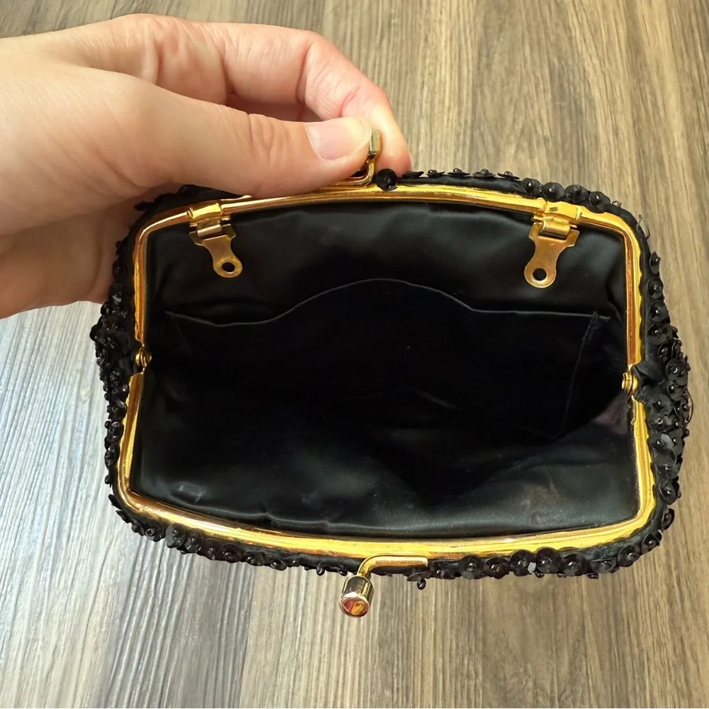 VTG Handmade Black Beaded Clutch‎ Made in British Hong Kong *READ*